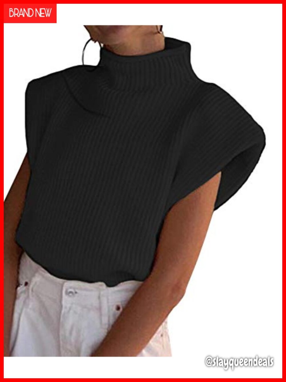 Womens Sweater Vest Sleeveless Turtleneck Shoulder Pad Ribbed Knit Top